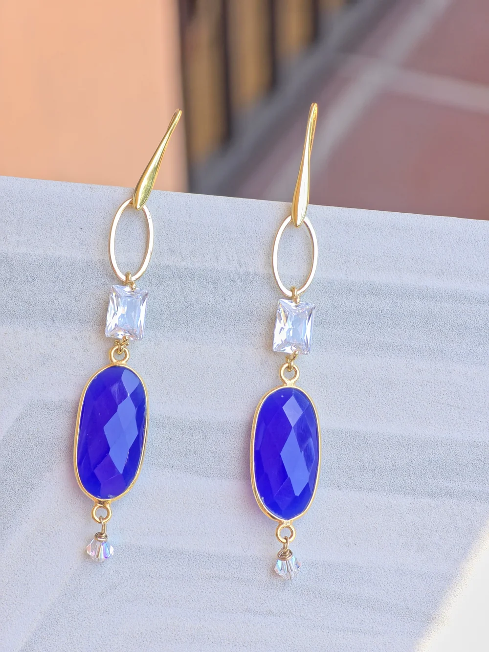 Hand Made Gold Filled Drop Earrings with Blue Faceted Stone and Clear Crystal